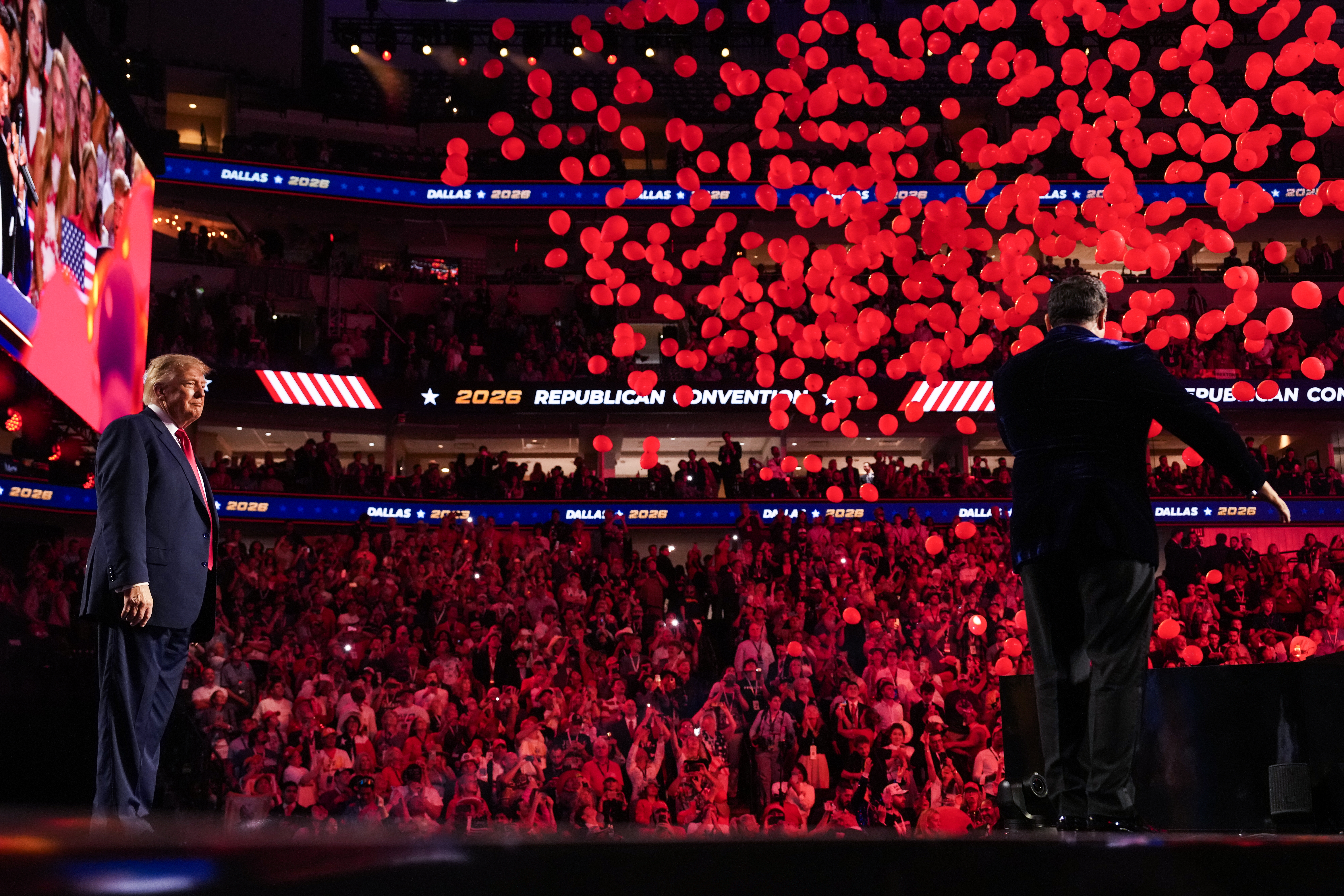 Balloons drop as President Trump finishes speaking on the second day of the 2026 Republican National Convention on Sept. 10, 2026 in Dallas, Texas.